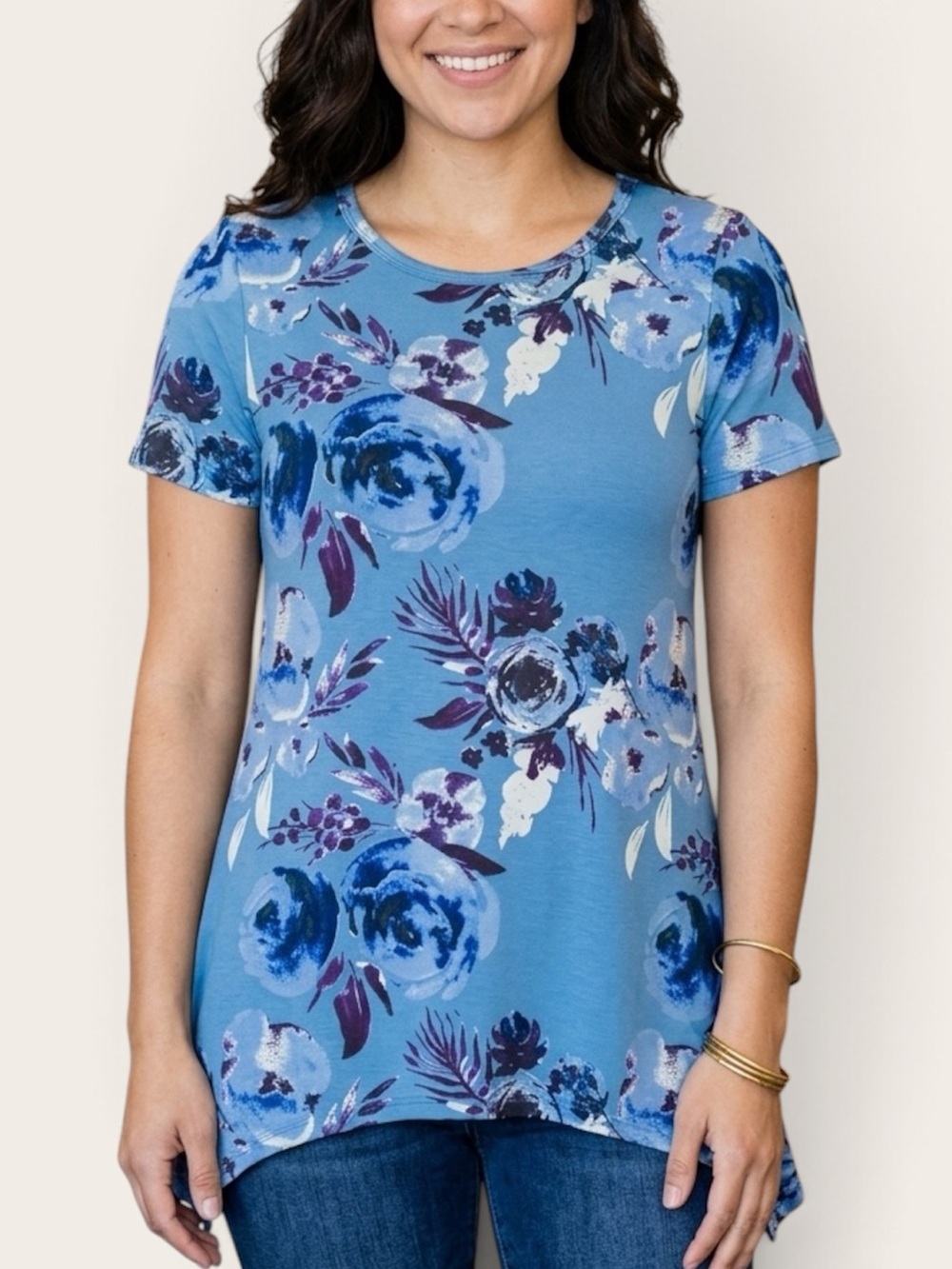 NWT LuLaRoe Blue Floral Short Sleeve Asymmetrical Tunic